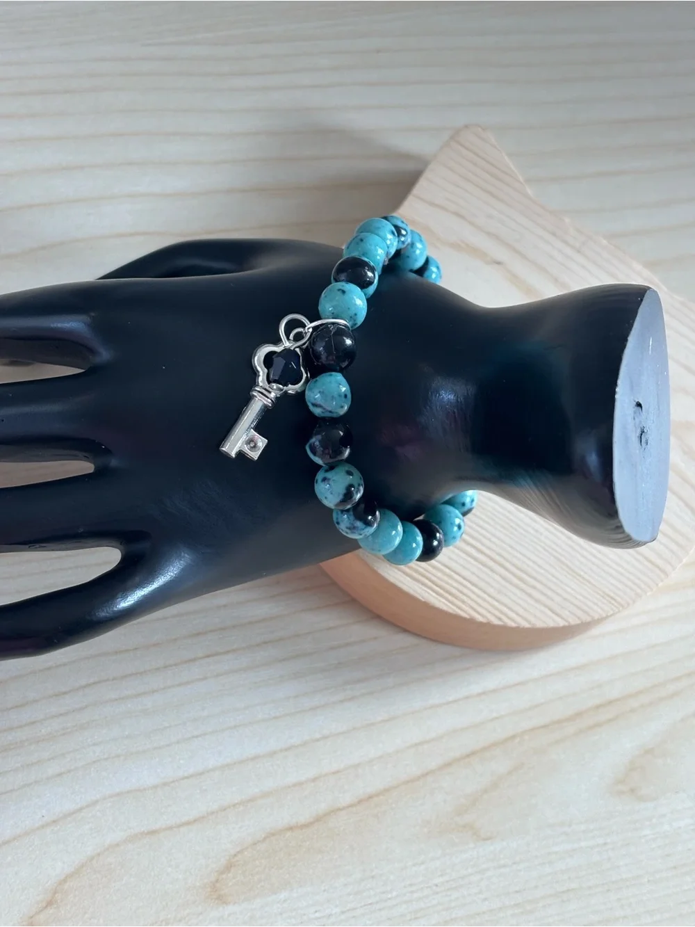 Blue & Black Jasper Beaded Bracelet with Key Charm